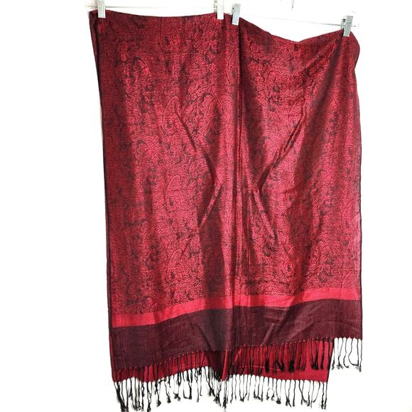 Cashmere & Silk Burgundy Red Pashmina Shawl Tassels Paisley Reversible Gorgeous - Picture 9 of 9